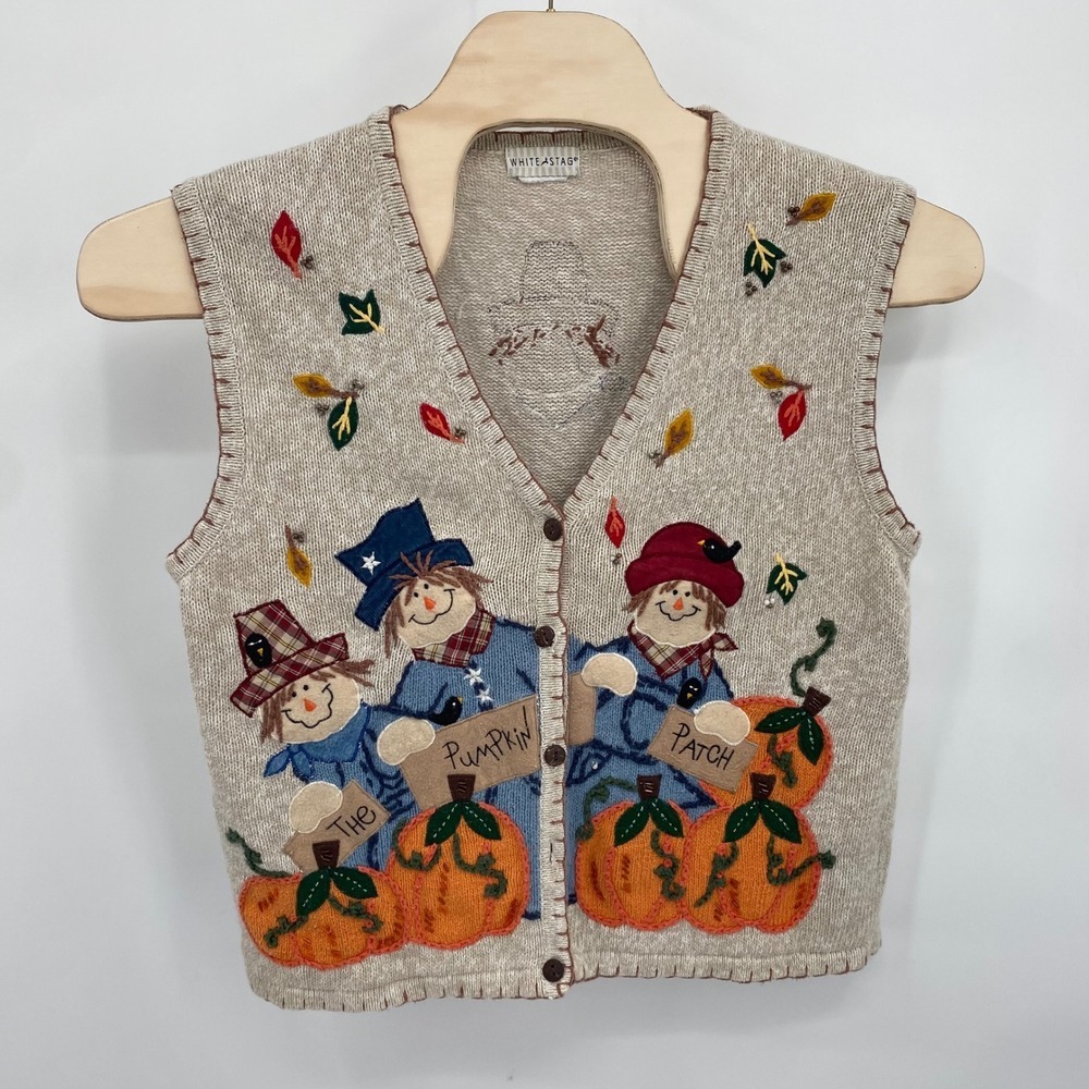 White Stag‎ Women's XL Knit Vest Sweater Top Beige Scarecrow Pumpkin Patch